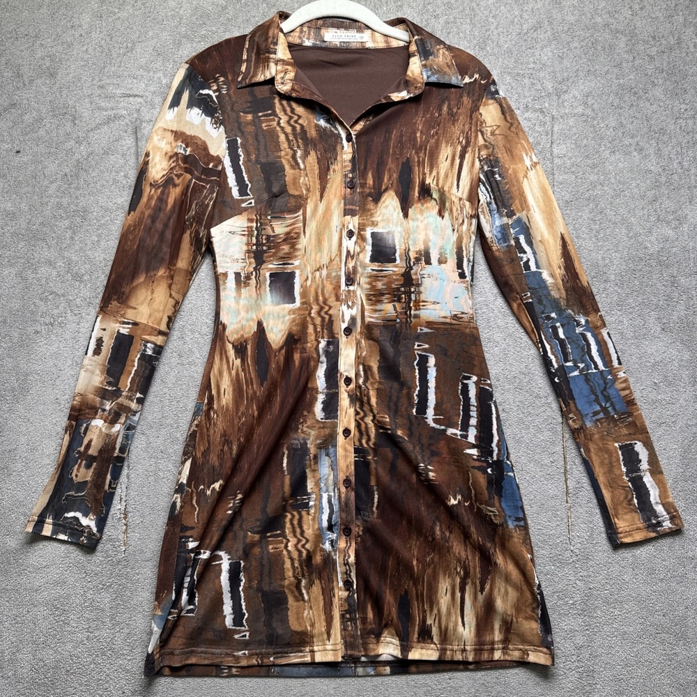 12th Tribe Women's Western Boho Brown Abstract Shirt Dress Long‎ Sleeve Small